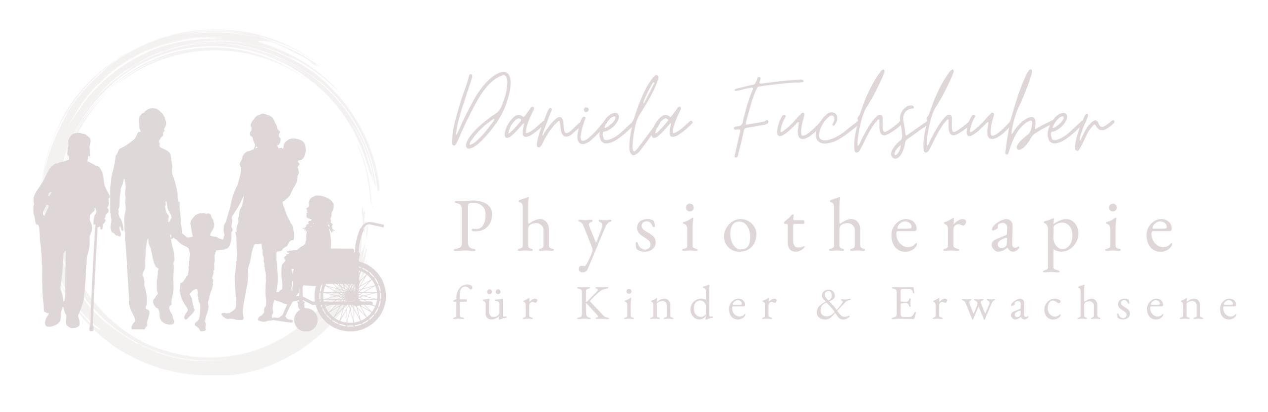 Praxislogo Weiß mit inklusiver Familie, Oma, Papa und Mama, Kind, Baby und Kind im Rollstuhl